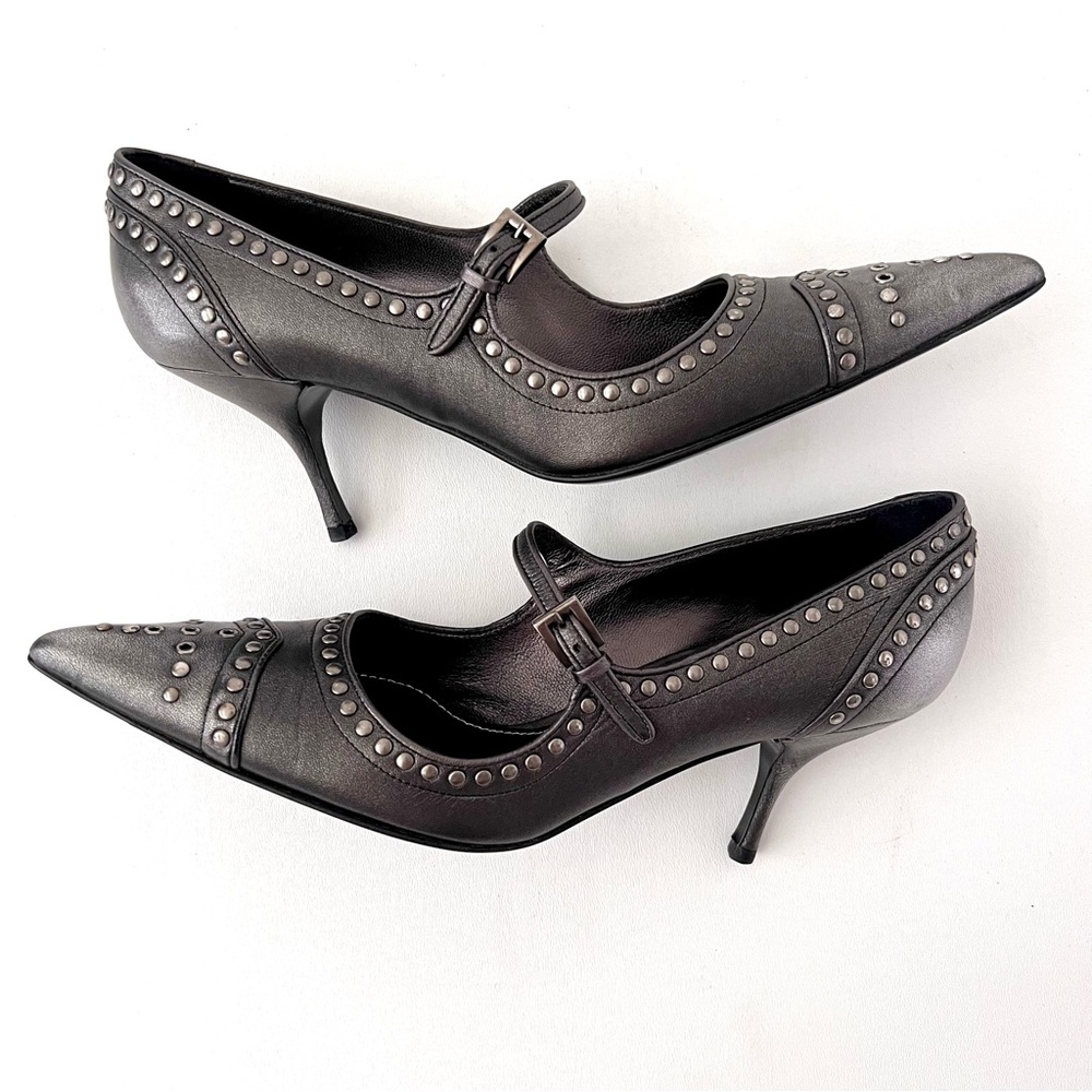 New PRADA | Dark Gray Metallic Studded Mary Jane Pointed Pumps Heels EU 38 New - Picture 6 of 15